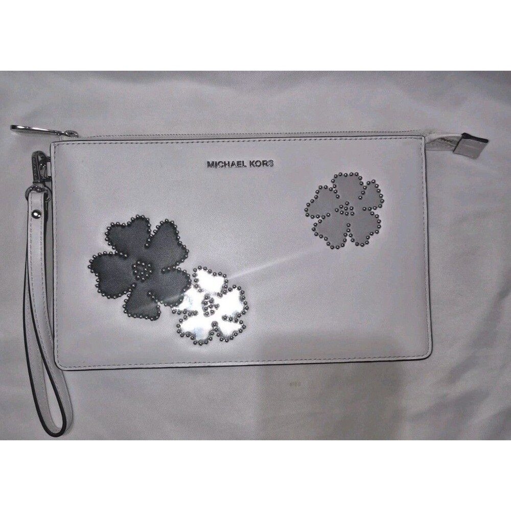 Michael Kors Daniela Floral Appliqué Leather Wristlet Silver Tone Studs